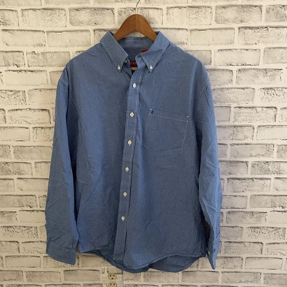 Men’s IZOD blue/white geometric pattern button down dress shirt Large - Picture 1 of 4